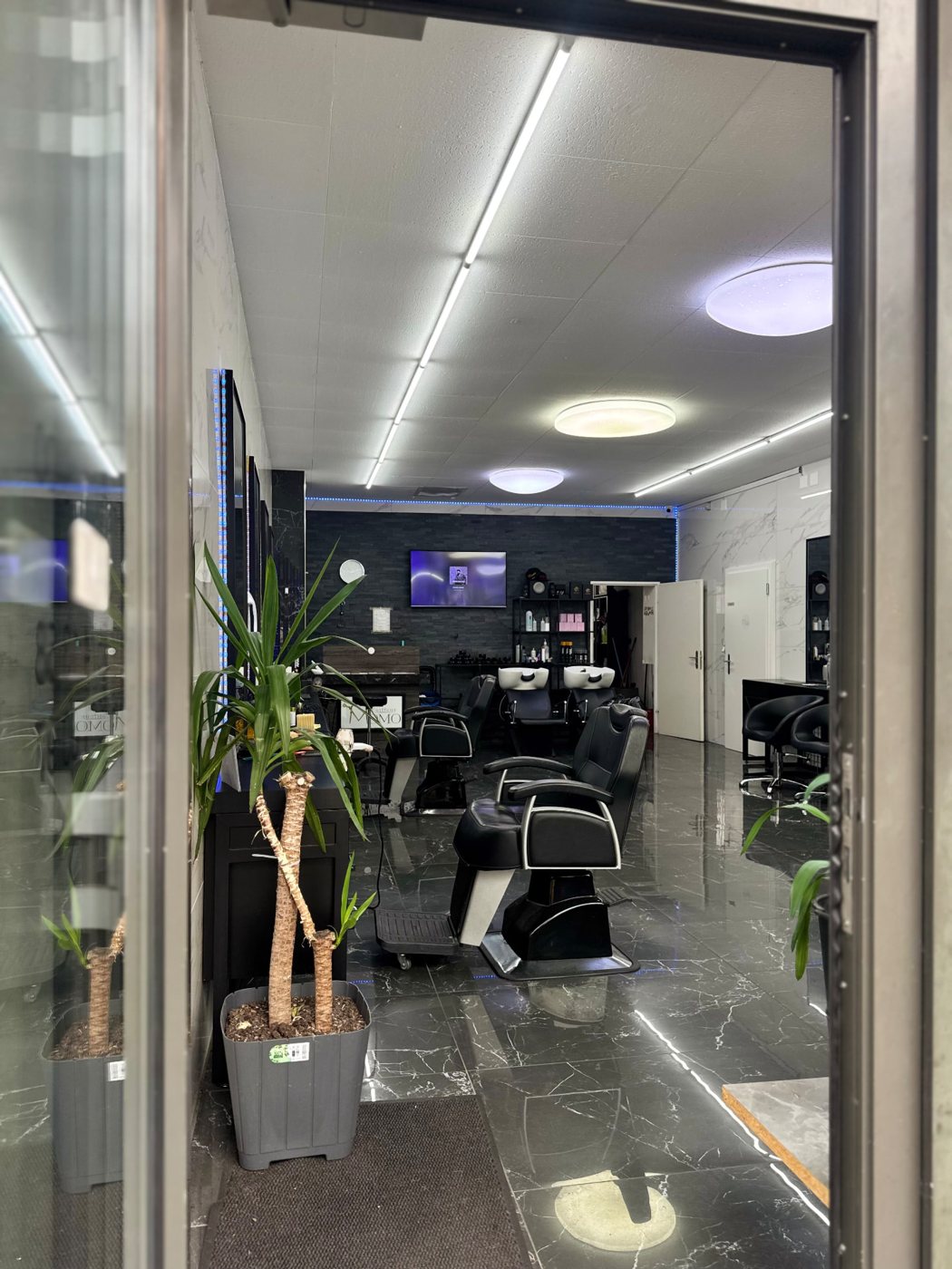 Blick durch die Eingangstür in den hellen Salon mit schwarzen Stühlen